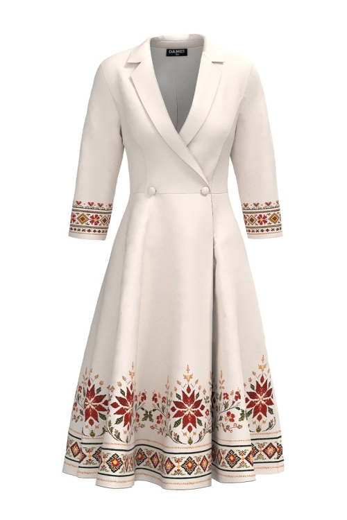 Rochie ivory tip pardesiu petrecuta cu imprimeu traditional Stoc