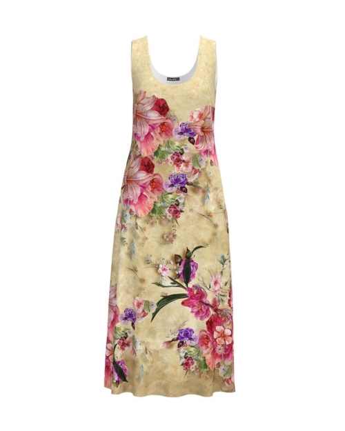 Rochie lunga casual de vara cu buzunare, bej imprimata cu model Floral CMD795 - Img 1