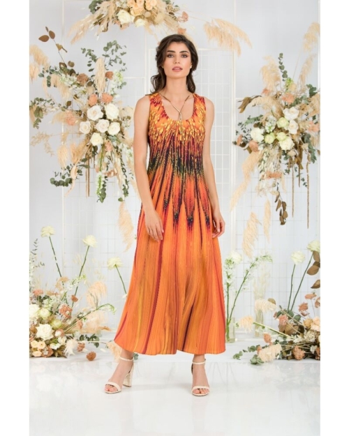 Rochie lunga casual de vara cu buzunare imprimata in nuante de ocru CMD797 - Img 3