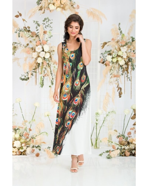 Rochie lunga casual de vara cu buzunare, multicolora imprimata cu model paun CMD805 - Img 3