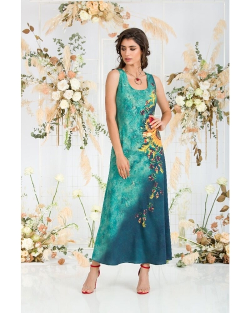 Rochie lunga casual de vara cu buzunare,verde imprimata cu model Floarea soarelui CMD802 - Img 3