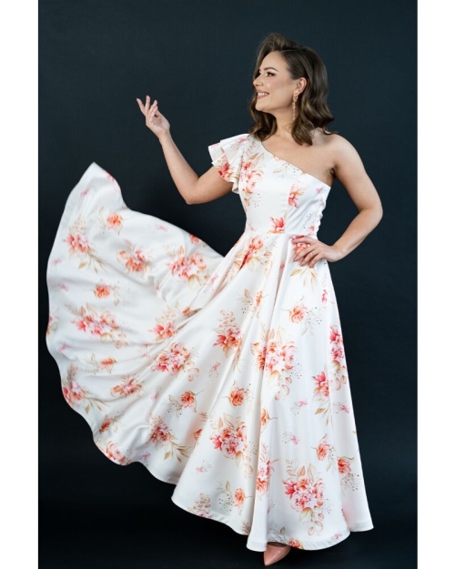 Rochie lunga eleganta din satin imprimat cu detaliu pe umar CMD4246 - Img 1