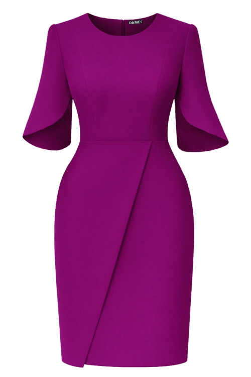 Rochie magenta eleganta cu maneci asimetrice si fusta tip lalea