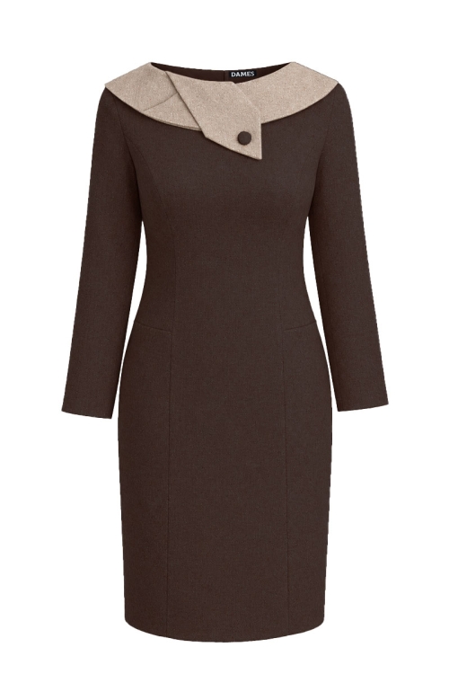 Rochie maro din stofa fina cu guler asimetric barcuta