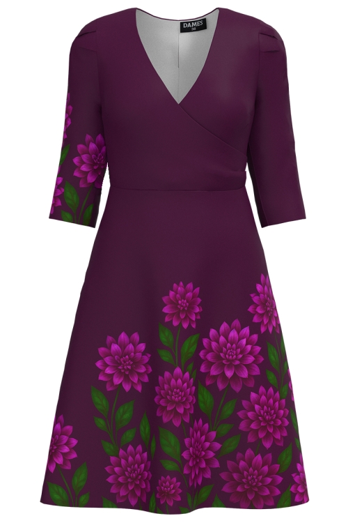Rochie mov pruna eleganta cu bust petrecut cu imprimeu floral