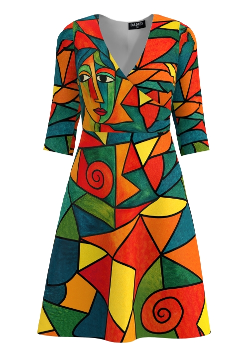 Rochie multicolora eleganta cu bust petrecut imprimata Picassela