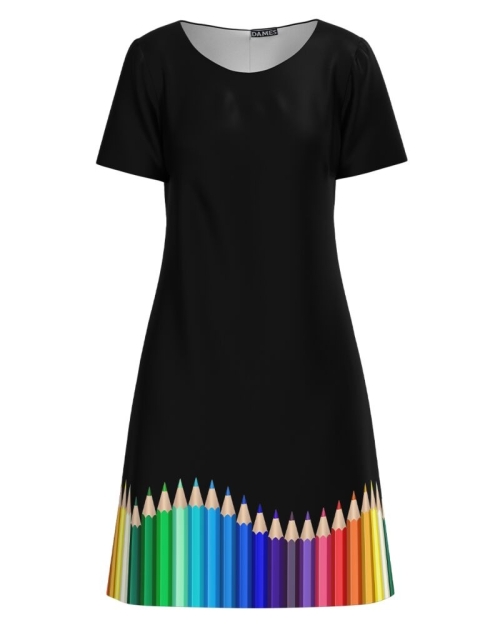 Rochie neagra casual de vara cu maneca scurta Creioane colorate CMD4213 - Img 1