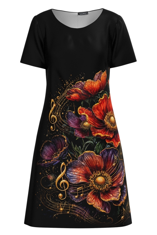 Rochie neagra casual imprimata simfonia florilor