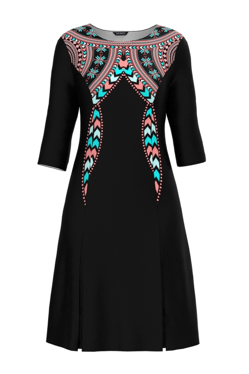 Rochie neagra cu pliuri imprimata traditional multicolor