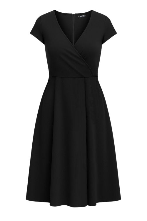 Rochie neagra de vara cu maneca scurta si bust petrecut