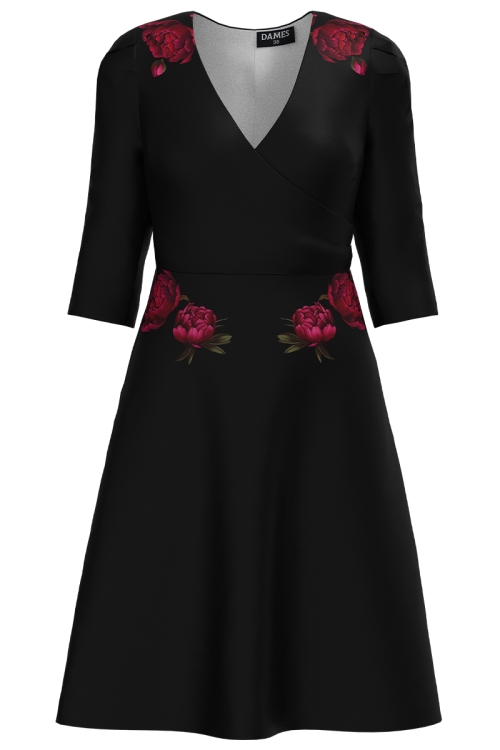 Rochie neagra eleganta cu bust petrecut imprimata Bujori