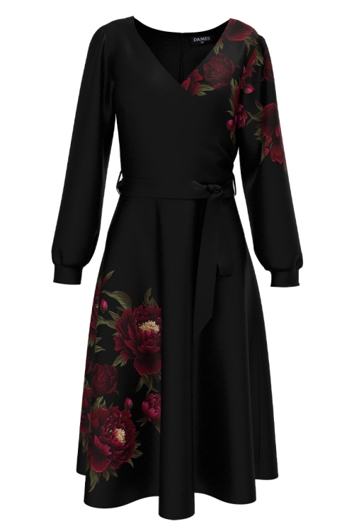 Rochie neagra eleganta cu maneca lunga imprimata bujori