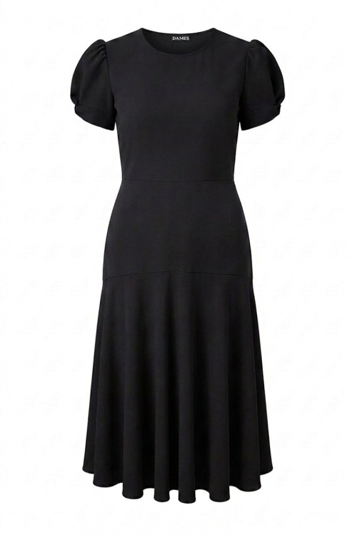 Rochie neagra eleganta cu maneca scurta si volan la terminatie