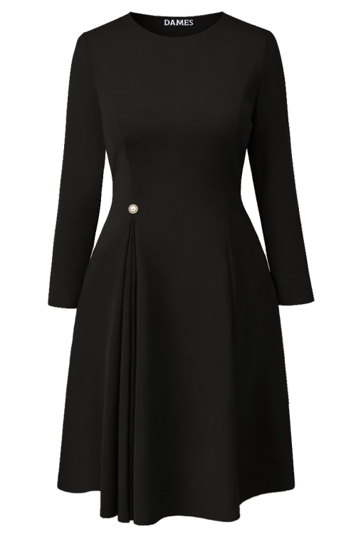 Rochie neagra eleganta cu pliuri si nasture bijuterie