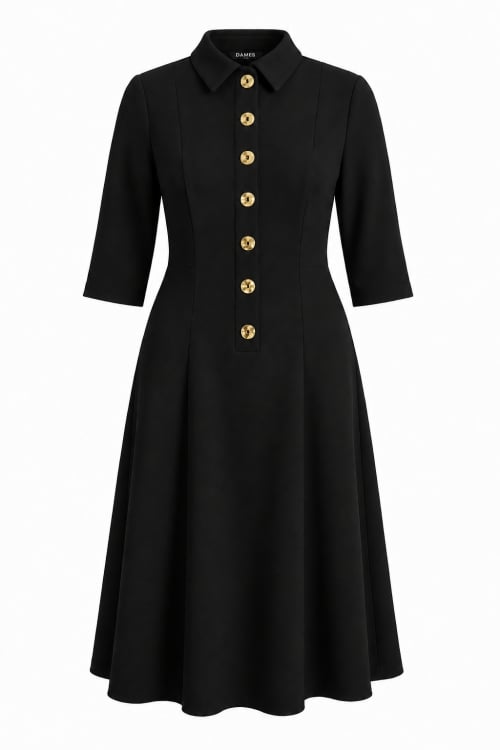 Rochie neagra in clini cu guler clasic si nasturi aurii