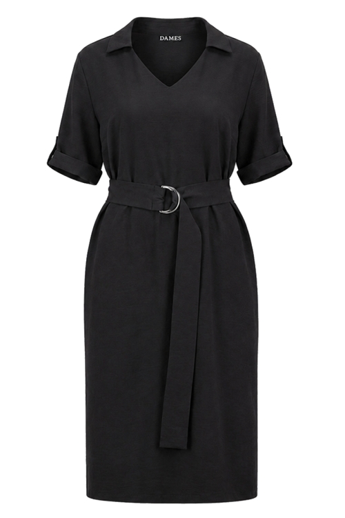 Rochie neagra lejera din vascoza cu cordon in talie si buzunare
