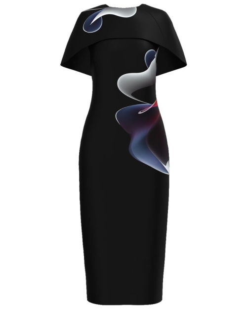 Rochie neagra lunga cu capa detasabila imprimata abstract CMD4863 - Img 1