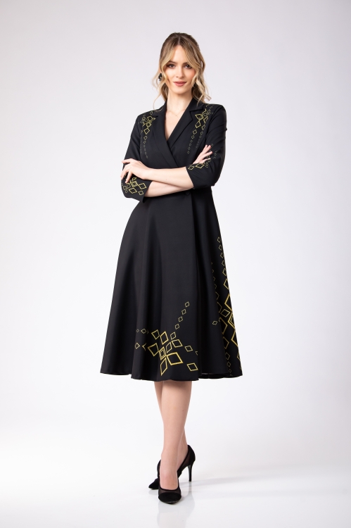 Rochie neagra tip pardesiu petrecuta cu imprimeu Infinit - Img 4