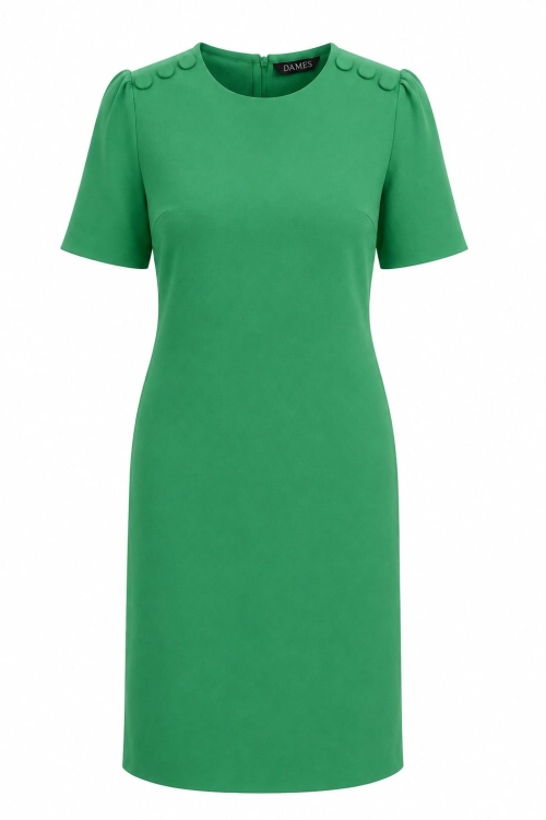 Rochie office verde cu nasturi decorativi pe umeri