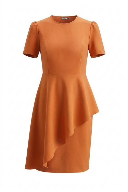 Rochie oranj eleganta cu maneca scurta si volan asimetric