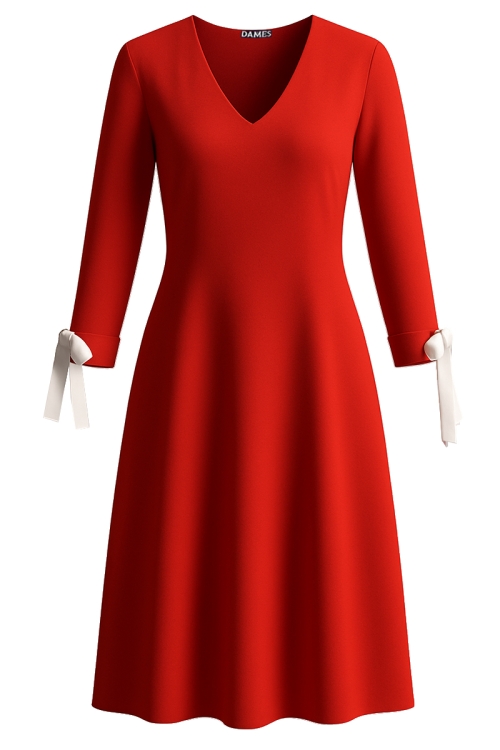 Rochie rosie cu decolteu in V si maneci 3/4 cu fundite