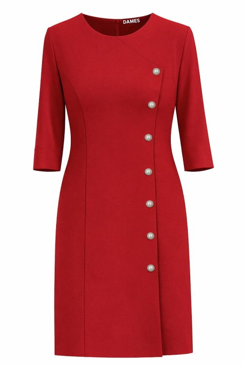 Rochie rosie dreapta accesorizata cu nasturi decorativi