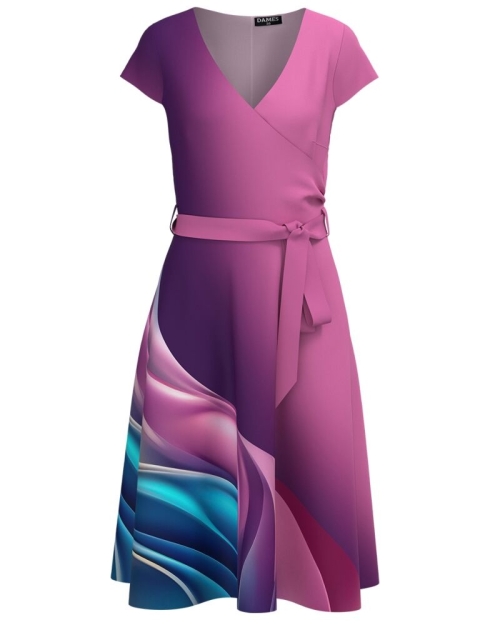 Rochie roz de vara cu maneca scurta imprimata multicolor
