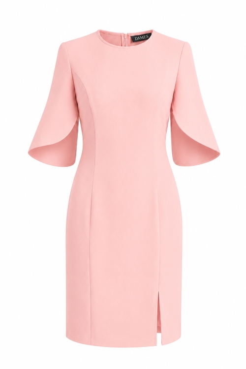 Rochie roz deschis eleganta cu maneci asimetrice si slit pe picior