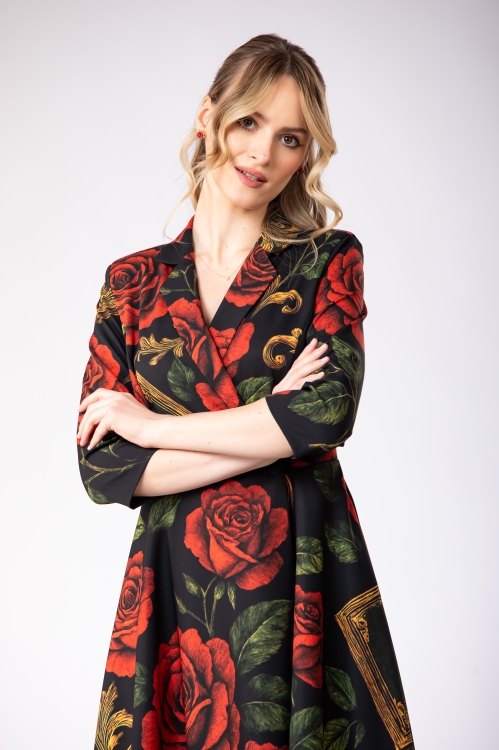 Rochie tip pardesiu imprimata Noir Rose - Img 6