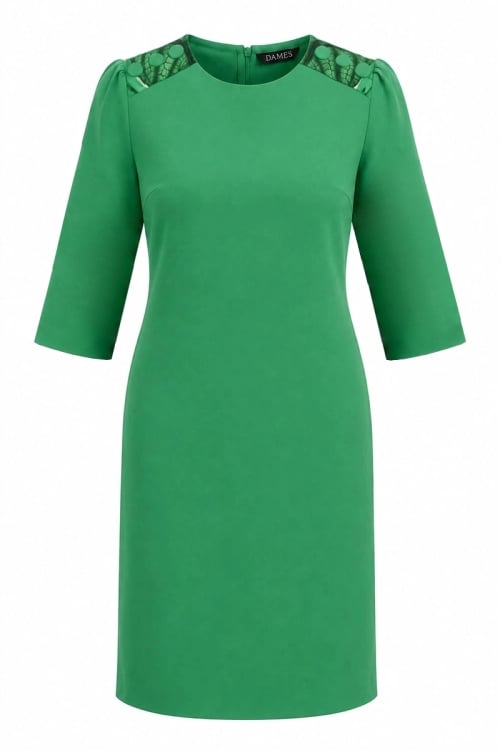 Rochie verde cu maneca trei sferturi si detalii decorative pe umeri