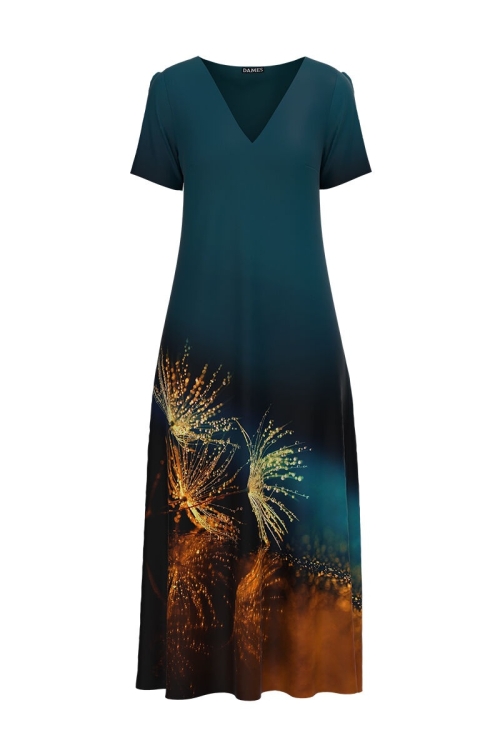 Rochie verde de vara lunga cu buzunare imprimata digital Picaturi de roua CMD923 - Img 2