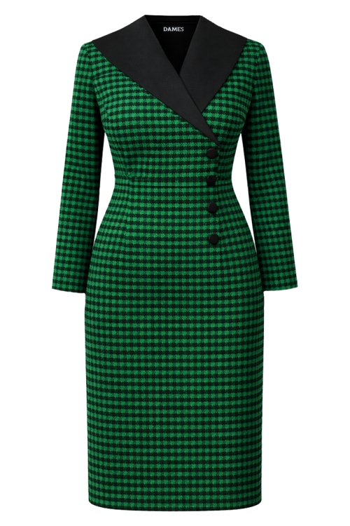 Rochie verde in patratele cu guler sal si nasturi in contrast