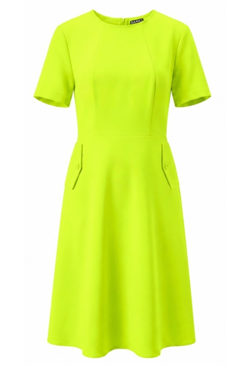 Rochie verde neon cu buzunare cu clapa si decolteu rotund