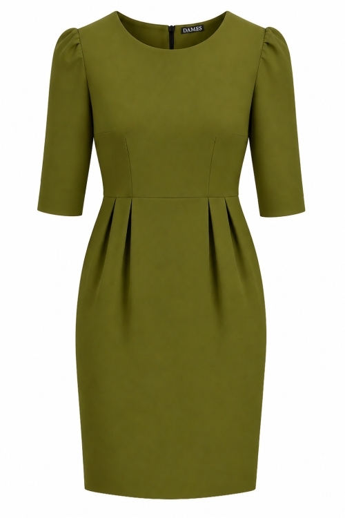 Rochie verde oliva cu pliuri in talie si buzunare