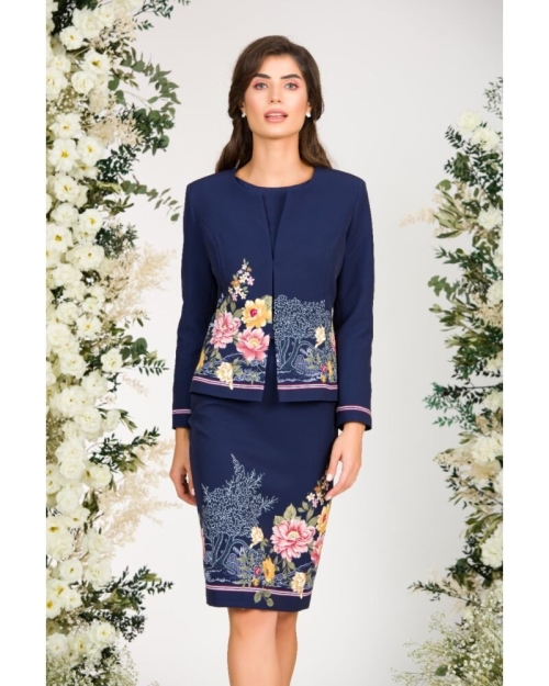 Sacou bleumarin cambrat imprimat cu model floral in contrast CMD3006 - Img 1