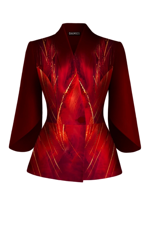 Sacou elegant cu maneci trei sferturi asimetrice imprimat abstract