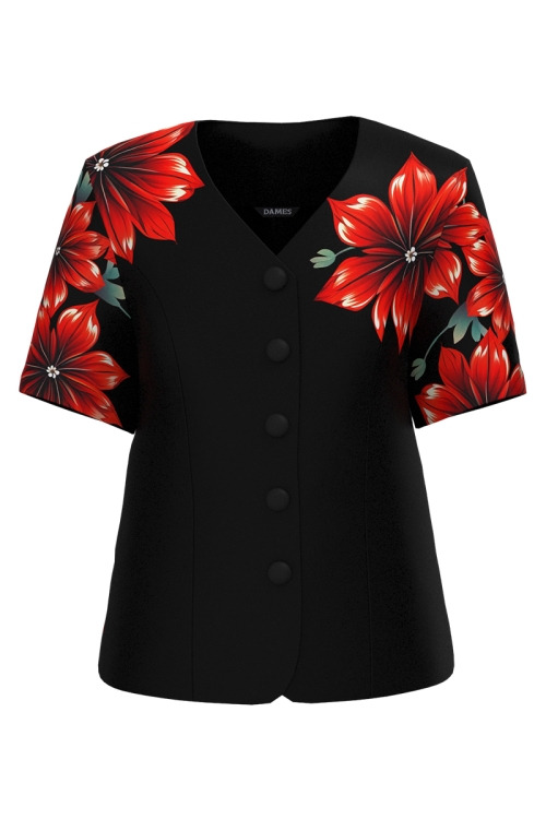Sacou negru cambrat cu maneca scurta imprimat floral