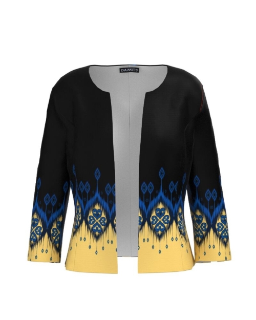 Sacou negru cambrat imprimat cu model Etnic CMD3048