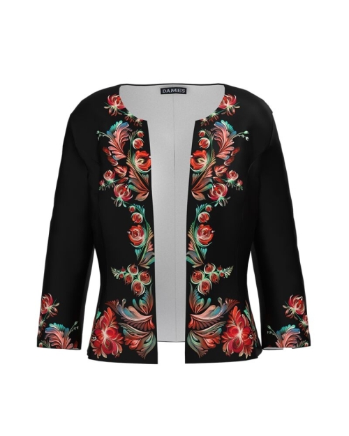 Sacou negru cambrat imprimat cu model floral CMD3827