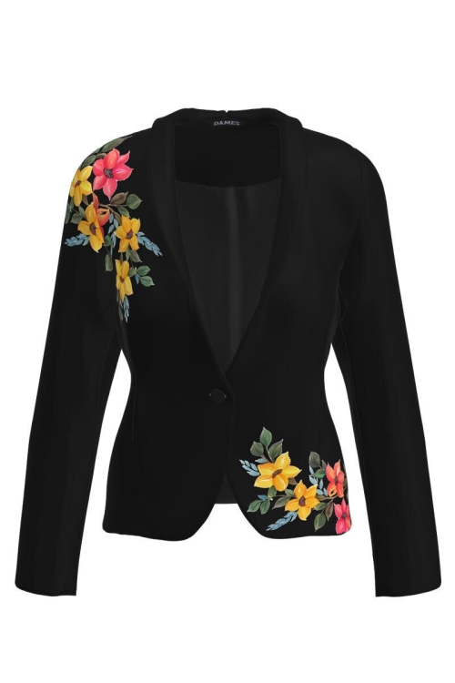 Sacou negru cambrat imprimat cu model Floral CMD3912