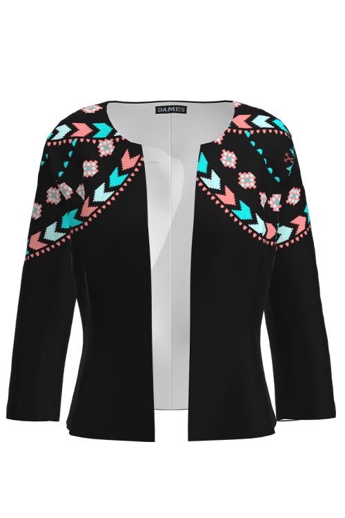 Sacou negru cambrat imprimat traditional multicolor