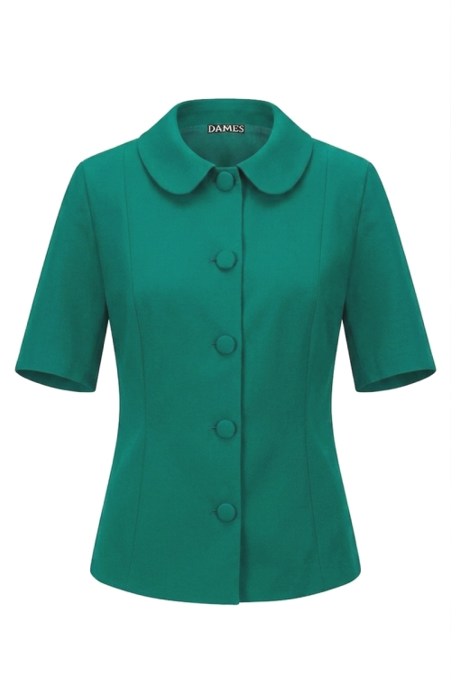 Sacou verde menta cambrat cu maneca scurta si guler rotund