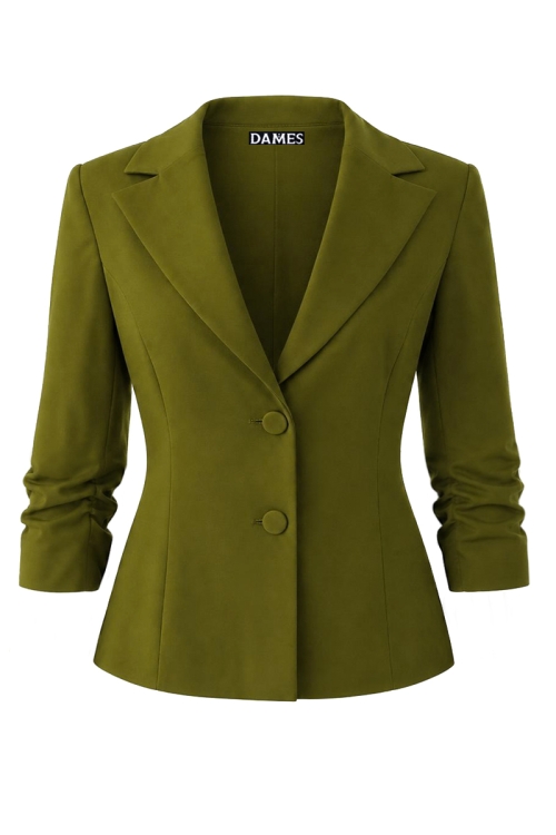 Sacou verde oliva elegant cambrat cu revere si maneca incretita