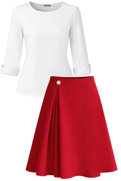 Set dama bluza alba din voal si fusta rosie in clos cu pliuri