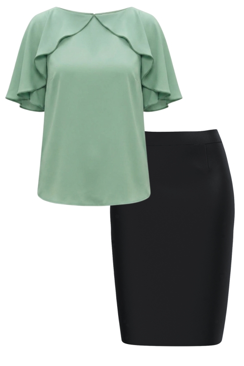 Set dama bluza verde menta din vascoza si fusta conica neagra