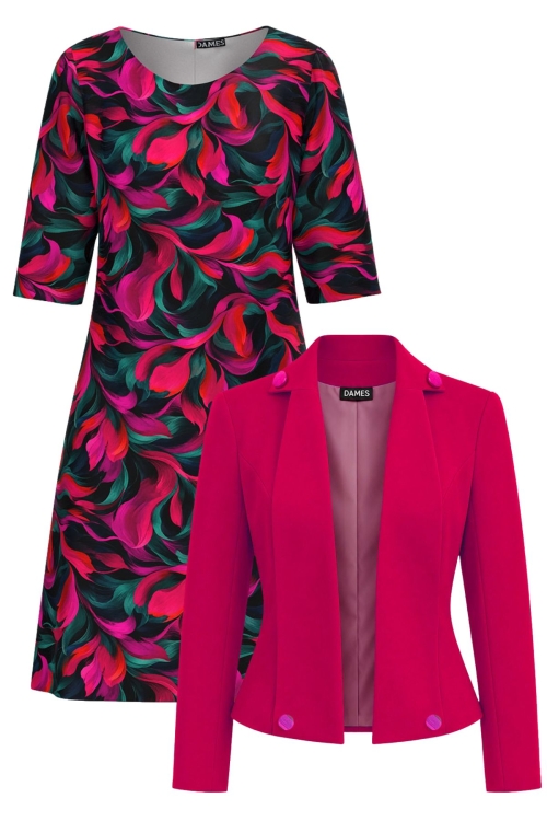 Set dama sacou roz cu guler sal asimetric si rochie in culori vibrante