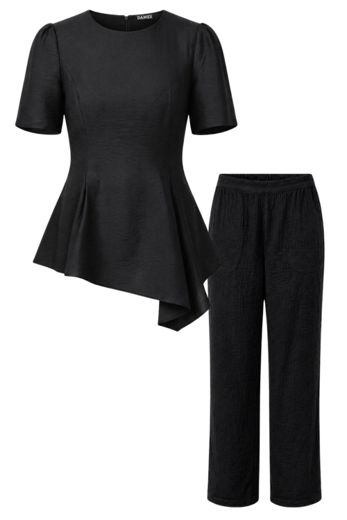 Set din vascoza cu pantalon drept negru si bluza asimetrica neagra