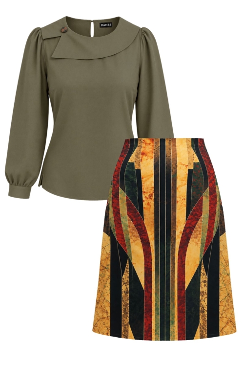 Set elegant bluza kaki din vascoza cu guler asimetric si fusta in A din velur cu imprimeu Eclat