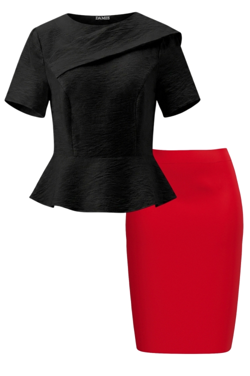 Set elegant bluza neagra cu detaliu si fusta conica rosie