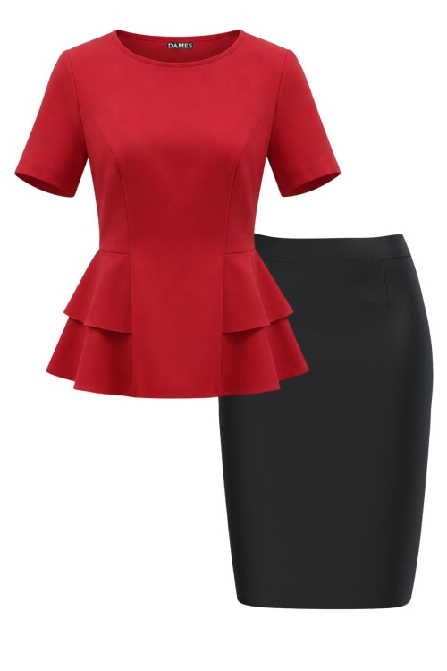 Set elegant bluza rosie cu volane laterale si fusta conica neagra